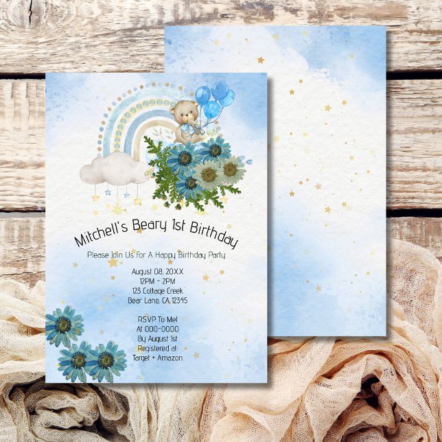 Invitación Beary First Birday Boy Rainbow Boho Bear (Subido por el creador)