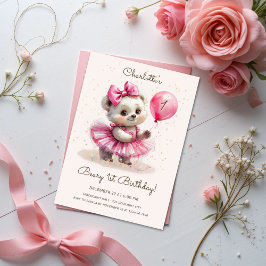 Invitación Beary First Birday Pink Ballerina Bear