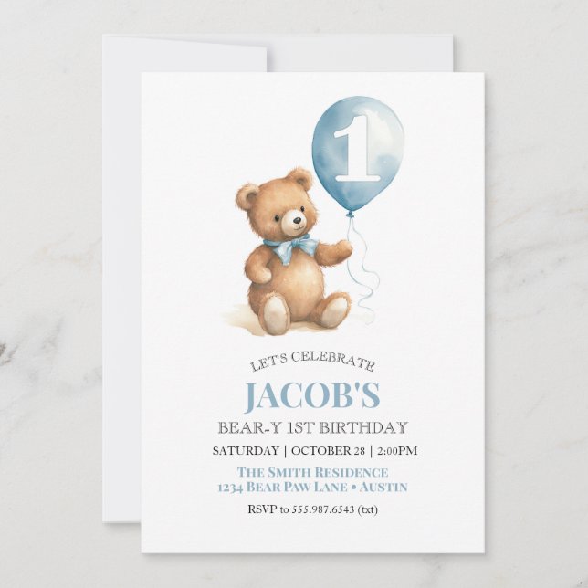 Invitación Beary First Birday Teddy Bear Boy (Anverso)