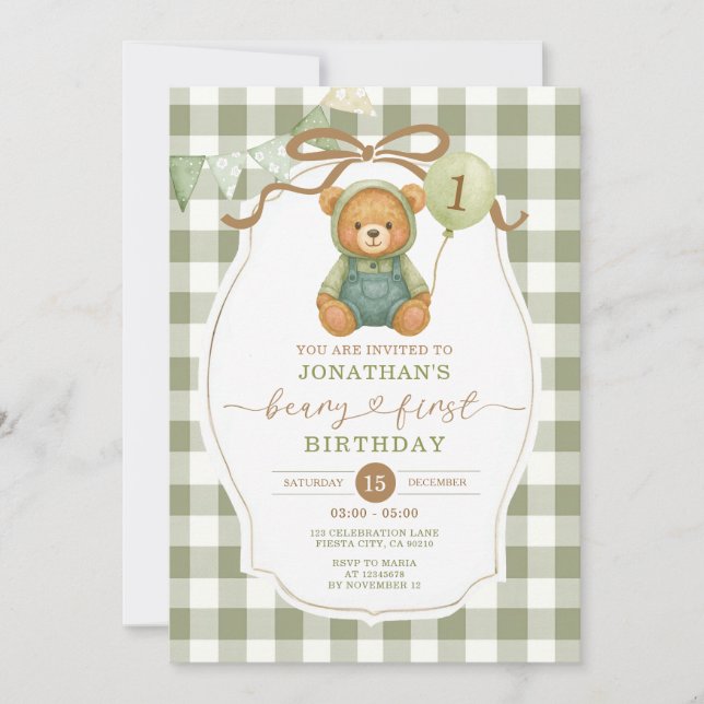 Invitación Beary First Birmpkin Sage Green Gingham (Anverso)