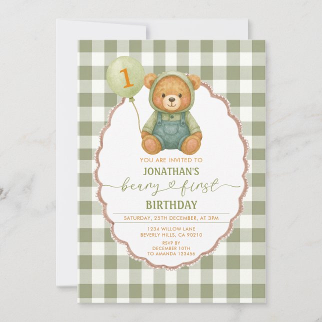 Invitación Beary First Birmpkin Sage Green Gingham (Anverso)