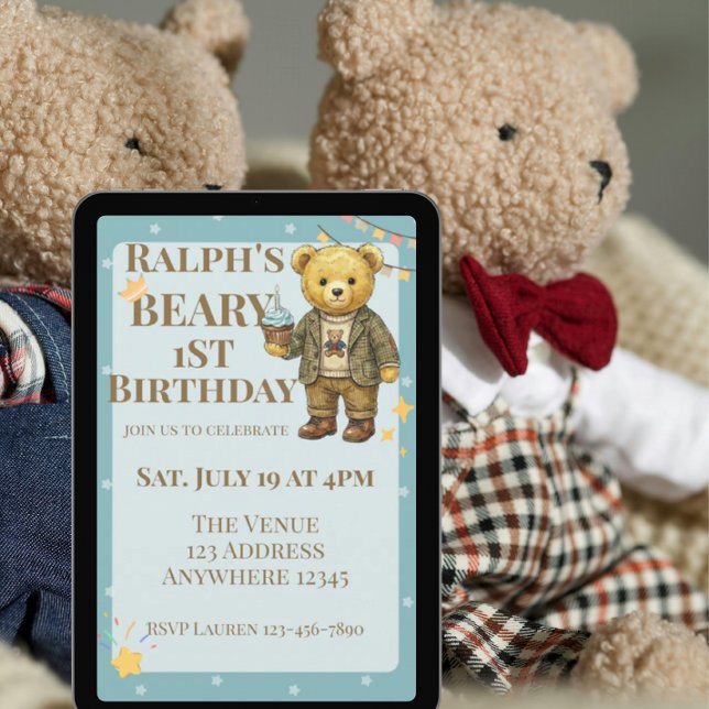 Invitación Beary First Birthday Blue Brown Dapper Bear (Subido por el creador)