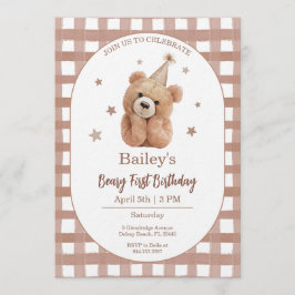 Invitación Beary First Birthday Gingham
