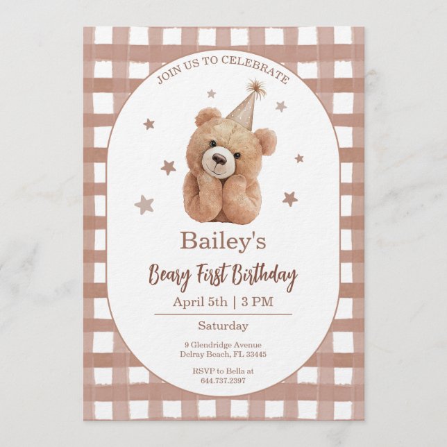 Invitación Beary First Birthday Gingham (Anverso)