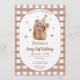 Invitación Beary First Birthday Gingham Photo Invitation