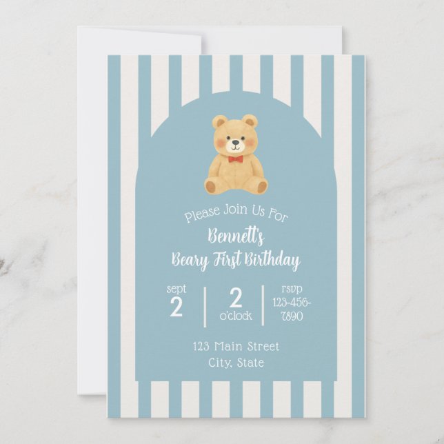 Invitación Beary First Birthday Invitation (Anverso)