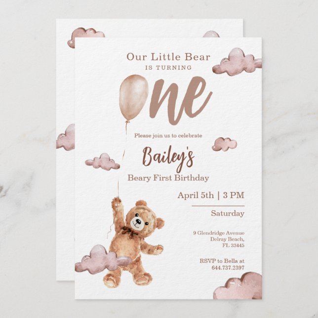 Invitación Beary First Birthday Invitation (Anverso / Reverso)