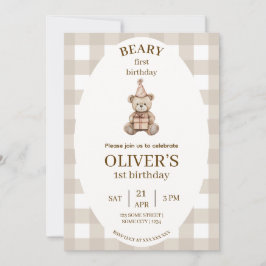 Invitación Beary First Birthday Invitation Gingham Editable