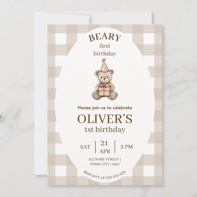 Invitación Beary First Birthday Invitation Gingham Editable (Anverso)