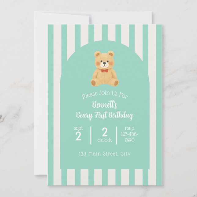 Invitación Beary First Birthday Invitation | Teal (Anverso)