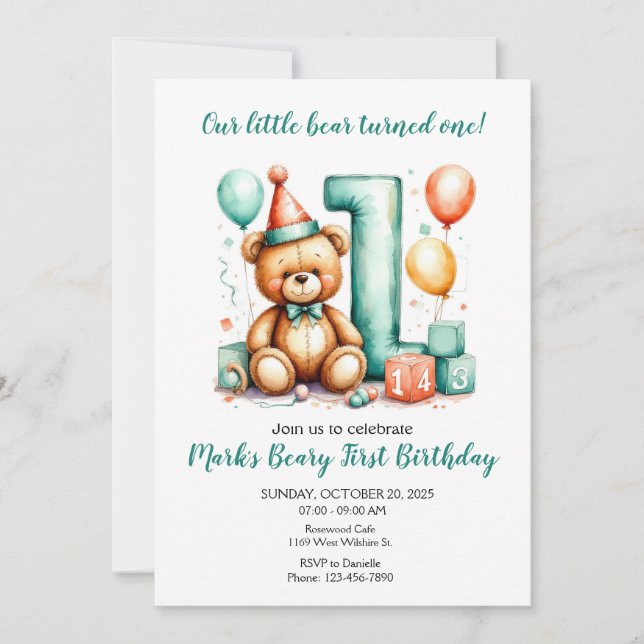 Invitación Beary First Birthday Invite, Cute Bear 1st invite (Anverso)