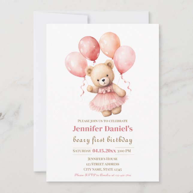 Invitación Beary First Birthday Invite with Pink Balloons (Anverso)