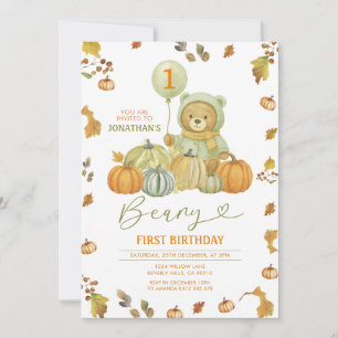 Invitación Beary First Birthday Pumpkin Green Autums Leaves