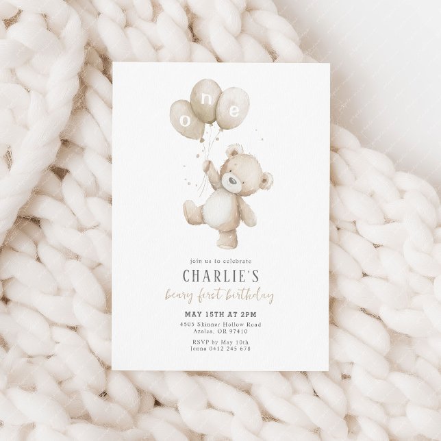 Invitación Beary First Neutral Balloon Boy 1st Birthday Teddy (Beary first birthday! Beige balloon and teddy bear 1st birthday party invitation)