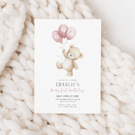 Invitación Beary First Pink Balloon Boy 1er cumpleaños Teddy