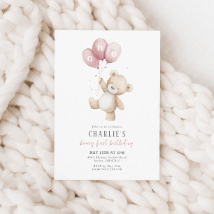 Invitación Beary First Pink Balloon Boy 1er cumpleaños Teddy