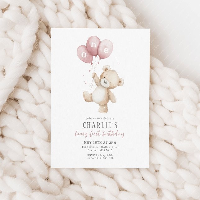 Invitación Beary First Pink Balloon Boy 1er cumpleaños Teddy (Beary first birthday! Pink balloon and teddy bear 1st birthday party invitation)