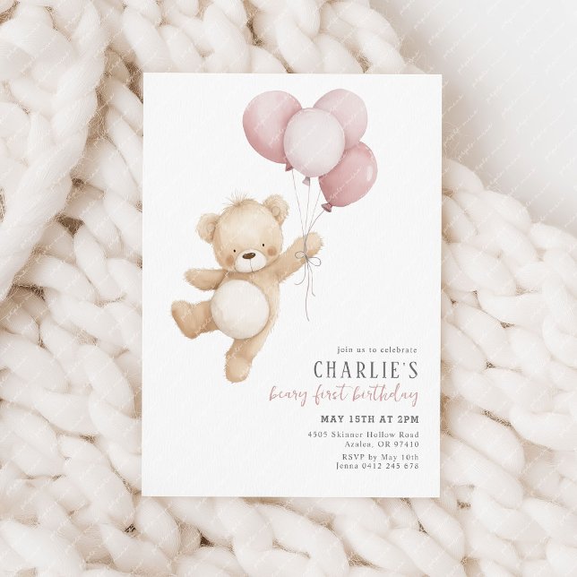 Invitación Beary First Pink Balloon Girls 1st Birthday Teddy (Beary First Birthday! Pink balloons and cute teddy bear design. Girls 1st birthday invite.)