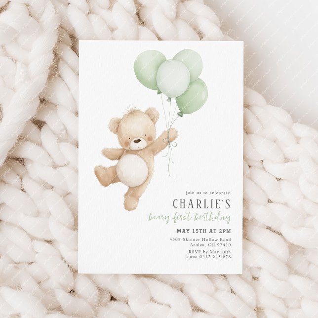 Invitación Beary First Sage Balloon Boy 1st Birthday Teddy (Beary 1st birthday invitation | Sage green balloons and teddy bear.)