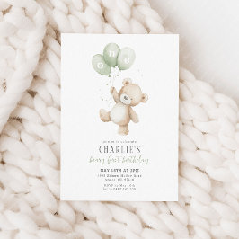 Invitación Beary First Sage Green Balloon Boy 1st Birthday