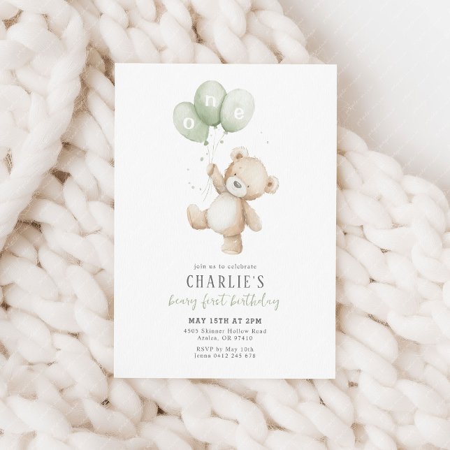 Invitación Beary First Sage Green Balloon Boy 1st Birthday (Beary first birthday! 1st birthday invitation with teddy bear and sage green balloons)