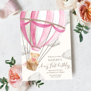 Invitación Beary First Teddy Bear Hot Air Balloon Birday