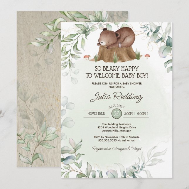 Invitación Beary Happy Woodland Forest Bear Boy Baby Shower (Anverso / Reverso)
