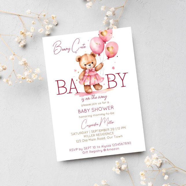 Invitación Beary lindo chica osito de peluche modelo de ducha (Beary cute girl teddy bear baby shower template invitation digital download teddy bear pink dress)
