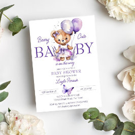 Invitación Beary lindo oso de peluche lavanda púrpura bebé du