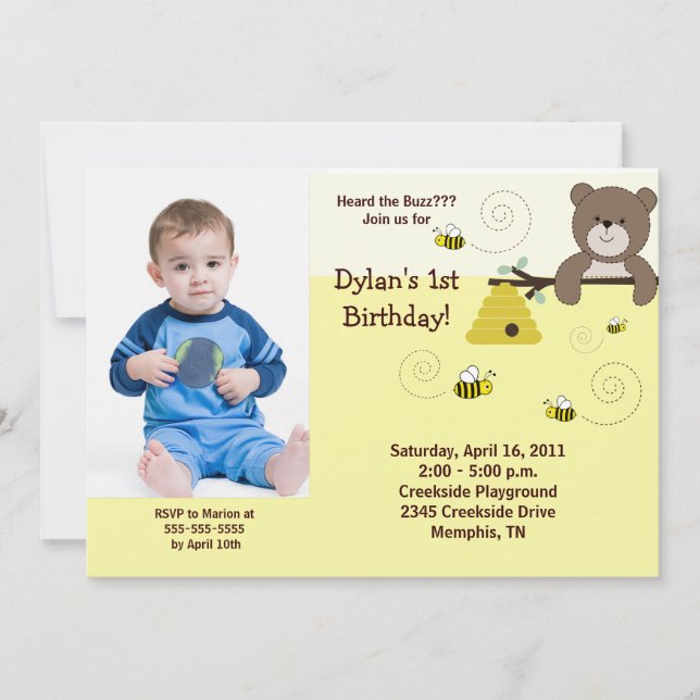 Invitación Beary Sweet Bear & Bee *FOTO* Cumpleaños 5x7 (Anverso)
