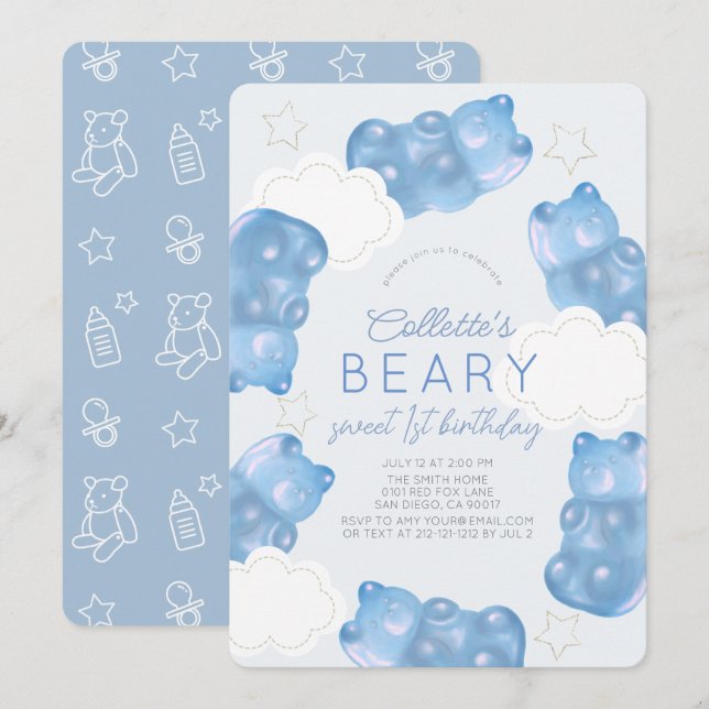 Invitación Beary Sweet Blue Gummy Bear Boy 1er cumpleaños (Anverso / Reverso)