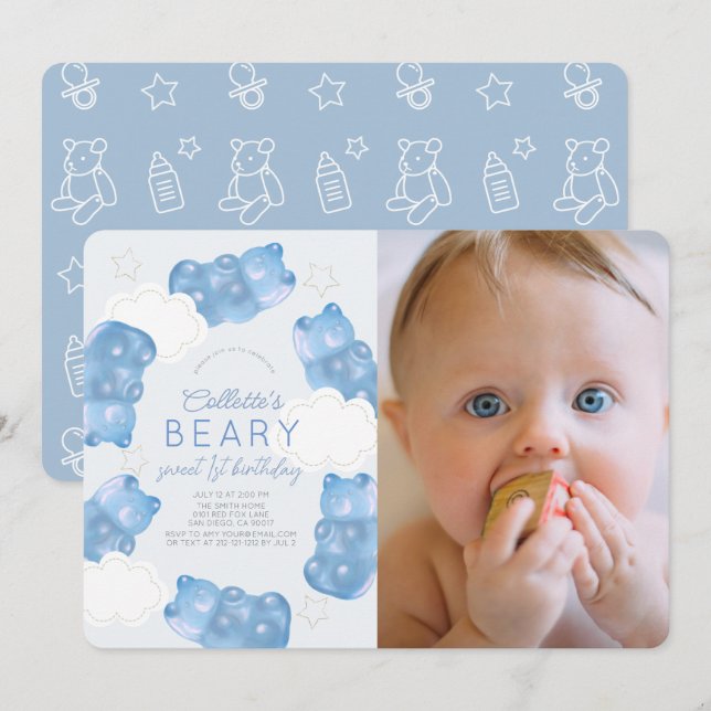 Invitación Beary Sweet Blue Gummy Bear Boy Foto Primer cumple (Anverso / Reverso)