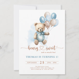 Invitación Beary Sweet Boy 1er cumpleaños Teddy Bear Blue Bro