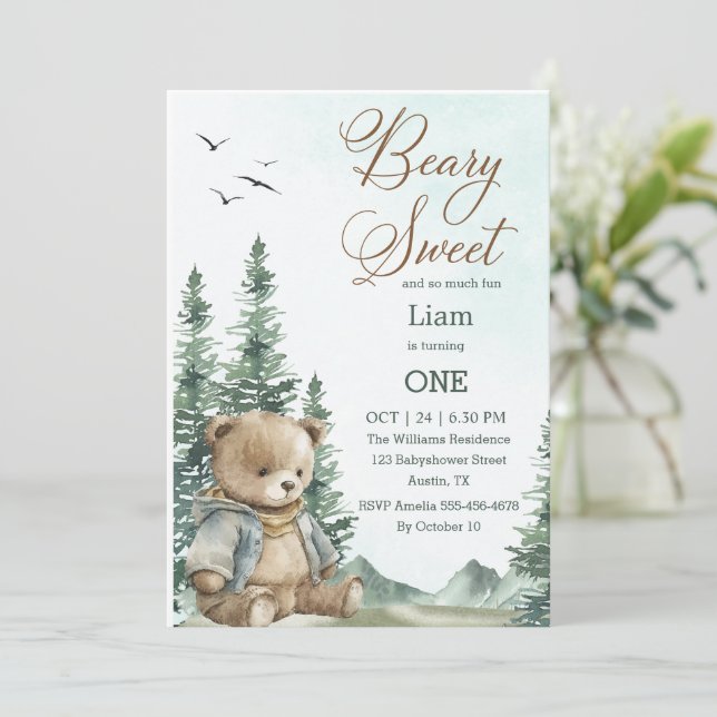 Invitación Beary Sweet First Birthday Invitation | Pastel (Anverso de pie)