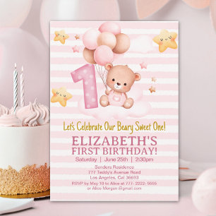 Invitación Beary Sweet First Birthday Pink Boho Bear Girl