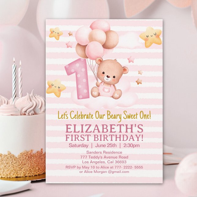 Invitación Beary Sweet First Birthday | Pink Boho Bear Girl (Subido por el creador)