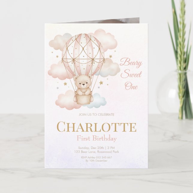 Invitación Beary Sweet Hot Air Balloon 1st Birthday Photo (Anverso)