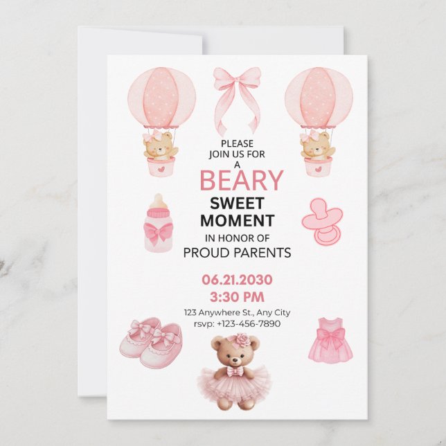 INVITACIÓN BEARY SWEET MOMENT GIRL 5X7 FLAT BABY SHOWER  (Anverso)