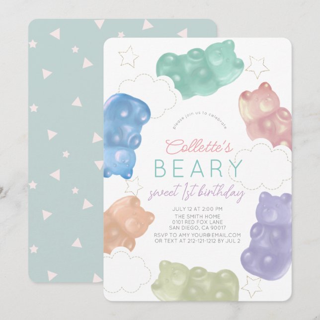 Invitación Beary Sweet Pastel Gummy Bear Chica 1º cumpleaños (Anverso / Reverso)