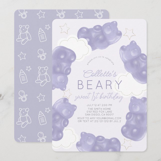 Invitación Beary Sweet Purple Gummy Bear 1er cumpleaños (Anverso / Reverso)