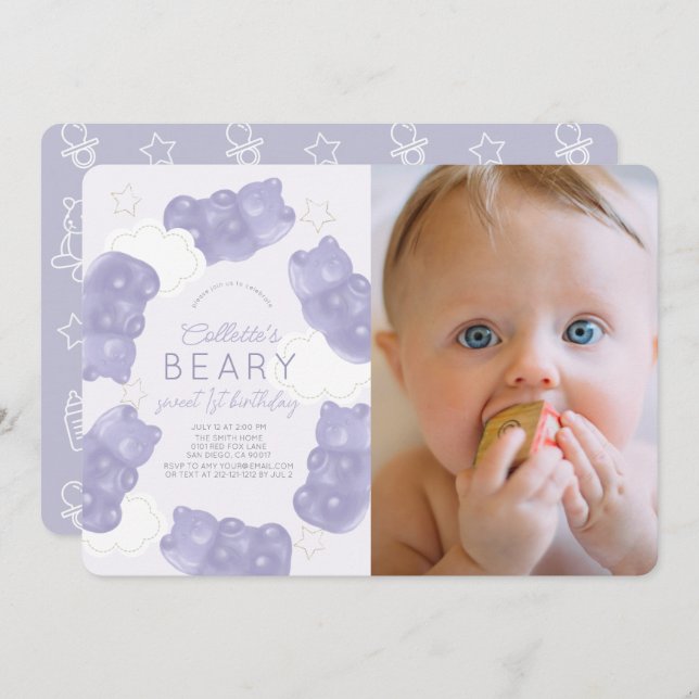 Invitación Beary Sweet Purple Gummy Bear 1er cumpleaños foto (Anverso / Reverso)
