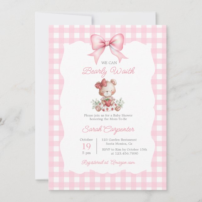 Invitación Beary Sweet Strawberry Baby Shower Girl (Anverso)