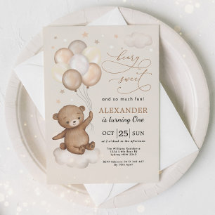 Invitación Beary Sweet Teddy Bear & Balloons 1º cumpleaños