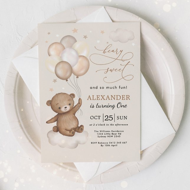 Invitación Beary Sweet Teddy Bear & Balloons 1º cumpleaños (Subido por el creador)