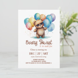 Invitación Beary Sweet Teddy llevando gafas y globos