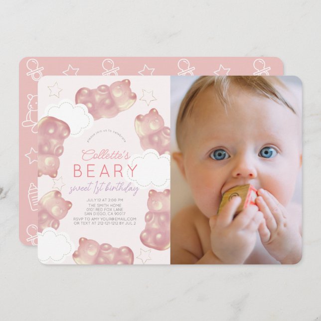 Invitación Beary Wait Pink Gummy Bear Chica 1er cumpleaños (Anverso / Reverso)