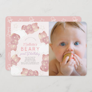 Invitación Beary Wait Pink Gummy Bear Chica 1er cumpleaños
