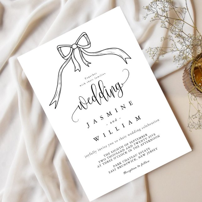 Invitación Beatrice Ribbon Bow Boda blanco y negro (Subido por el creador)