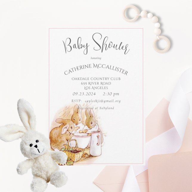 Invitación Beatrix Potter Bunny Chica rosa Baby Shower (Subido por el creador)