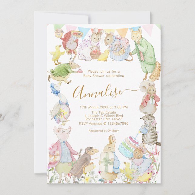 Invitación Beatriz Peter the Rabbit Woodland Baby Shower (Anverso)
